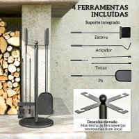 Outsunny Conjunto de Ferramentas para Lareira com 5 Peças Acessórios para Lareira de Metal com Escova Pá Tenaz Atiçador e Suporte Ø25x54 cm Preto(m-4)