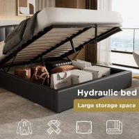 Stylish Upholstered Double Bed with Hydraulic Storage, Gold Edge Ear Design, PU Material, Slat Frame and Headboard, 143x198x106 cm, Black(m-4)