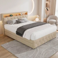 Upholstered Double Bed with LED Light, Bedside Pocket Design, Four Storage Drawers, Slatted Frame, Linen, 139.4x197.5x107 cm, Beige(m-8)