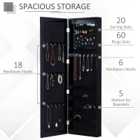 HOMCOM Dulap Bijuterii pentru Perete cu Oglindă din Lemn MDF, Negru,37x9.5x121cm(m-5)