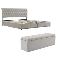 Upholstered Wood Double Bed with Storage, Hydraulic Lever and Bench, Linen Fabric Ottoman Bed Frame, 136x197x102.5 cm, Light Grey(m-2)