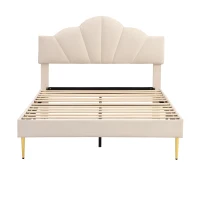 King Size Velvet Upholstered Bed with Golden Iron Legs, Shell-Like Headboard, Adjustable Height, Wooden Slatted Frame, 155x205X120 cm, Beige(m-12)