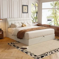 Fashion Double Bed Frame with Storage, Hydraulic Lift, Concealed Headboard Space and PU Material, 142x206x105 cm, Cream White(m-5)
