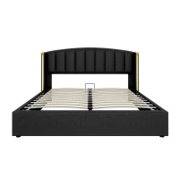 Stylish Upholstered Double Bed with Hydraulic Storage, Gold Edge Ear Design, PU Material, Slat Frame and Headboard, 143x198x106 cm, Black(m-10)