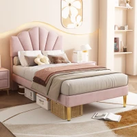 Velvet Upholstered Single Bed with Golden Iron Legs, Shell-Like Headboard, Adjustable Height, Wooden Slatted Frame, 95x195x130 cm, Pink(m-6)