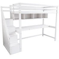 Children's Loft Bed with Storage Stairs, Pine Wood Frame, Large Desk with Storage and Shelves, 242x94x174 cm, White(m-2)