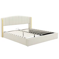 Stylish Upholstered Double Bed with Hydraulic Storage, Gold Edge Ear Design, PU Material, Slat Frame and Headboard, 143x198x106 cm, Beige(m-2)