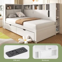 Multifunctional Single Bed Platform Bed with Trundle, Bookcase, USB Port, and Storage Drawers, 216x123x110 cm, White(m-5)