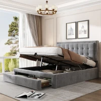 Upholstered Double Bed with Velvet Fabric, Adjustable Headboard and Large Storage Space, 141x190x101 cm, Grey(m-6)