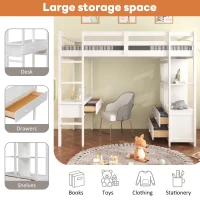 Single Loft Bed with Desk and Drawers, 3ft Pine Wood Children's Bed with Storage Compartments and Anti-Fall Railings, 196x100x164.5 cm, White(m-4)