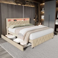 Upholstered Double Bed with LED Light, Bedside Pocket Design, Four Storage Drawers, Slatted Frame, Linen, 139.4x197.5x107 cm, Beige(m-1)