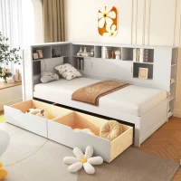 Multifunctional Single Bed Platform Bed with Trundle, Bookcase, USB Port, and Storage Drawers, 216x123x110 cm, White(m-1)