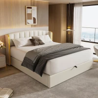 Stylish Upholstered Double Bed with Hydraulic Storage, Gold Edge Ear Design, PU Material, Slat Frame and Headboard, 143x198x106 cm, Beige(m-1)