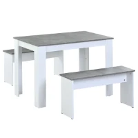 Table and Chairs Set with 2 Benches and Artificial Marble Top, Compact Design Dining Set, Easy Assembly, 108x65x75 cm, Gray(m-2)