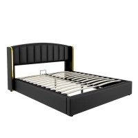 Stylish Upholstered Double Bed with Hydraulic Storage, Gold Edge Ear Design, PU Material, Slat Frame and Headboard, 143x198x106 cm, Black(m-2)
