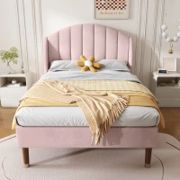 Upholstered Pink Bed with Slatted Frame and Headboard, Velvet Fabric Girls Bed, Easy Assembly, 100x196x108 cm, Pink(m-5)