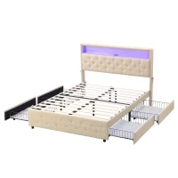 Upholstered Double Bed with LED Light, Bedside Pocket Design, Four Storage Drawers, Slatted Frame, Linen, 139.4x197.5x107 cm, Beige(m-12)