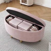 Bedroom End Bench with Storage Space, Velvet Footstool with Metal Legs, Suitable for Hallway, Living Room, 90L x 40W x 42H cm, Pink(m-1)