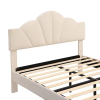 King Size Velvet Upholstered Bed with Golden Iron Legs, Shell-Like Headboard, Adjustable Height, Wooden Slatted Frame, 155x205X120 cm, Beige(m-9)
