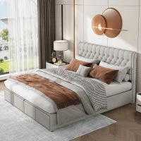 Upholstered Wood Double Bed with Storage, Hydraulic Lever and Bench, Linen Fabric Ottoman Bed Frame, 136x197x102.5 cm, Light Grey(m-5)