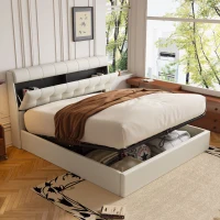 Fashion Double Bed Frame with Storage, Hydraulic Lift, Concealed Headboard Space and PU Material, 142x206x105 cm, Cream White(m-6)
