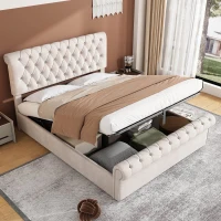 5ft King Size Luxurious Velvet Button Tufted Sleigh Bed with Hidden Storage, Adjustable Headboard, and Sturdy Frame, 160x228x107 cm, Beige(m-4)