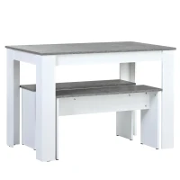 Table and Chairs Set with 2 Benches and Artificial Marble Top, Compact Design Dining Set, Easy Assembly, 108x65x75 cm, Gray(m-11)