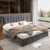 Upholstered Double Bed with Velvet Fabric, Adjustable Headboard and Large Storage Space, 141x190x101 cm, Grey(m-1)