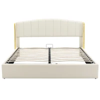 Stylish Upholstered Double Bed with Hydraulic Storage, Gold Edge Ear Design, PU Material, Slat Frame and Headboard, 143x198x106 cm, Beige(m-11)