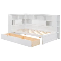 Multifunctional Single Bed Platform Bed with Trundle, Bookcase, USB Port, and Storage Drawers, 216x123x110 cm, White(m-2)