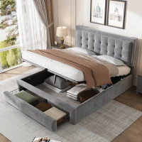 Upholstered Double Bed with Velvet Fabric, Adjustable Headboard and Large Storage Space, 141x190x101 cm, Grey(m-4)