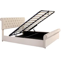 5ft King Size Luxurious Velvet Button Tufted Sleigh Bed with Hidden Storage, Adjustable Headboard, and Sturdy Frame, 160x228x107 cm, Beige(m-11)