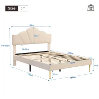 King Size Velvet Upholstered Bed with Golden Iron Legs, Shell-Like Headboard, Adjustable Height, Wooden Slatted Frame, 155x205X120 cm, Beige(m-3)