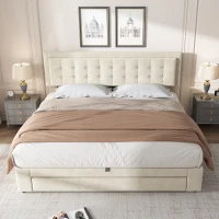 King Size Upholstered Bed with Velvet Fabric, Adjustable Headboard and Large Storage Space, 156x200x101 cm, Cream(m-2)