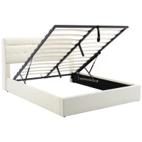 Fashion Double Bed Frame with Storage, Hydraulic Lift, Concealed Headboard Space and PU Material, 142x206x105 cm, Cream White(m-11)