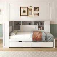 Multifunctional Single Bed Platform Bed with Trundle, Bookcase, USB Port, and Storage Drawers, 216x123x110 cm, White(m-8)
