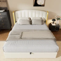 Stylish Upholstered Double Bed with Hydraulic Storage, Gold Edge Ear Design, PU Material, Slat Frame and Headboard, 143x198x106 cm, Beige(m-6)