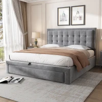 Upholstered Double Bed with Velvet Fabric, Adjustable Headboard and Large Storage Space, 141x190x101 cm, Grey(m-5)