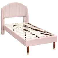 Upholstered Pink Bed with Slatted Frame and Headboard, Velvet Fabric Girls Bed, Easy Assembly, 100x196x108 cm, Pink(m-2)