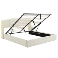 Stylish Upholstered Double Bed with Hydraulic Storage, Gold Edge Ear Design, PU Material, Slat Frame and Headboard, 143x198x106 cm, Beige(m-10)