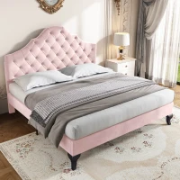 Upholstered Wooden Double Bed Frame with Adjustable Headboard, Velvet Fabric, Luxurious Slat Bed for Bedroom, 137x193x124 cm, Pink(m-1)