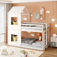 Treehouse Bunk Bed with Canopy and Ladder, Single Cabin Bed Frame, Pinewood Mid-Sleeper, Wooden Playhouse for Kids, 206x97.8x209 cm, White(m-1)
