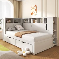 Multifunctional Single Bed Platform Bed with Trundle, Bookcase, USB Port, and Storage Drawers, 216x123x110 cm, White(m-7)