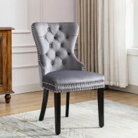 Set of 6 Velvet Dining Chairs with Oak Legs, Button Tufting and Chrome Knocker, 53x54x97 cm, Gray(m-10)
