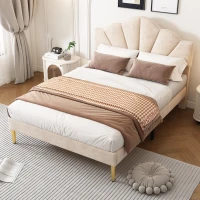 King Size Velvet Upholstered Bed with Golden Iron Legs, Shell-Like Headboard, Adjustable Height, Wooden Slatted Frame, 155x205X120 cm, Beige(m-6)