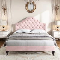 Upholstered Wooden Double Bed Frame with Adjustable Headboard, Velvet Fabric, Luxurious Slat Bed for Bedroom, 137x193x124 cm, Pink(m-7)