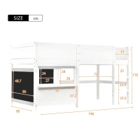 Children's Bunk Bed with Blackboard and Shelf, Pinewood Frame, Kids Storage Solution, 196x98x110 cm, White(m-3)
