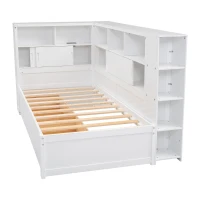 Multifunctional Single Bed Platform Bed with Trundle, Bookcase, USB Port, and Storage Drawers, 216x123x110 cm, White(m-11)