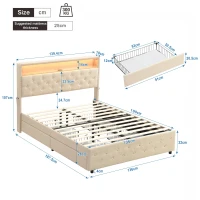 Upholstered Double Bed with LED Light, Bedside Pocket Design, Four Storage Drawers, Slatted Frame, Linen, 139.4x197.5x107 cm, Beige(m-3)
