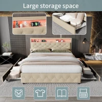 Upholstered Double Bed with LED Light, Bedside Pocket Design, Four Storage Drawers, Slatted Frame, Linen, 139.4x197.5x107 cm, Beige(m-5)
